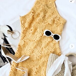 Halter Yellow Lace Mini Dress-Lulus Size Small